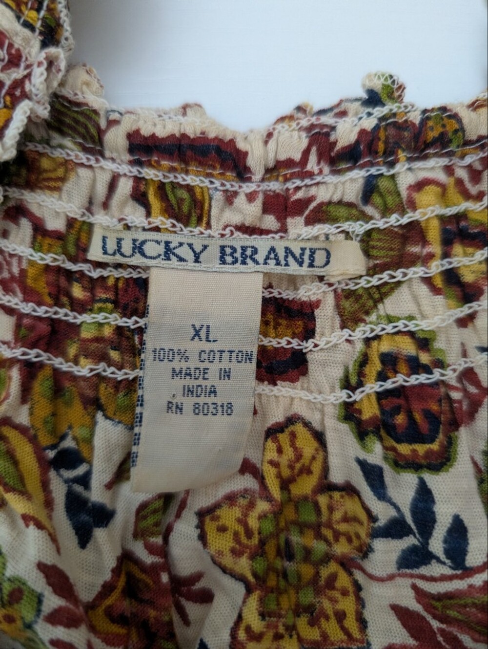 Lucky Brand Cotton Floral Top Tee Size XL Smocked Stretchy Boho Cottage Casual - Picture 2 of 10